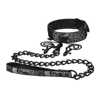 Attēls Kakla siksna un krūšu galu skavas Steamy shades collar with leash and nipple clamps (1412)
